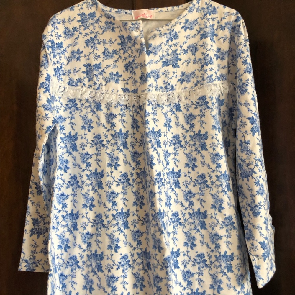 New Amanda Paige long 100% Cotton nightgown blue rose flowers womens small